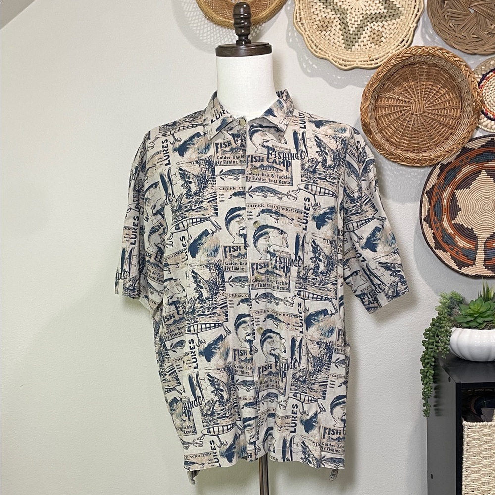 Mens Woolrich Lapis Fish Signs Camp Linen Blend Button Up Short Sleeve Shirt XL